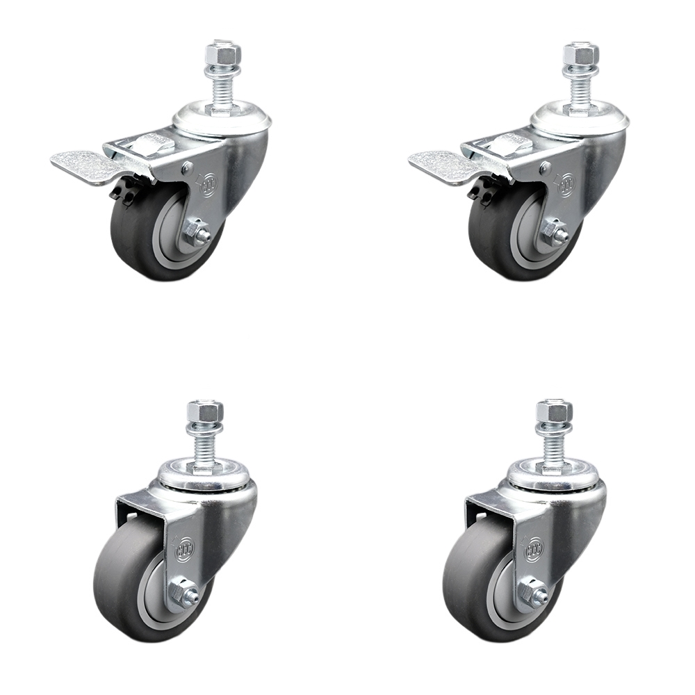 Stainless Steel Thermoplastic Rubber Swivel Threaded Stem Caster Set of 4 - 3" x 1.25" Gray Wheels and 1/2" Stems - Includes 2 with Total Locking Brake - 840 lbs Total Capacity - Service Caster Brand — photo 1
