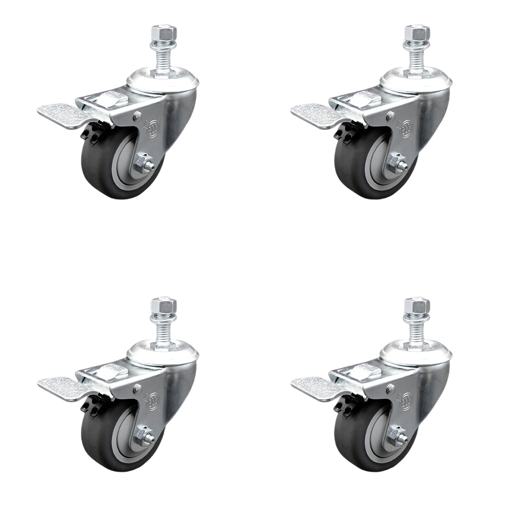 Stainless Steel Thermoplastic Rubber Swivel Threaded Stem Caster Set of 4 w/3" x 1.25" Gray Wheels and 1/2" Stems - Includes 4 with Total Lock Brakes - 840 lbs Total Capacity - Service Caster Brand — photo 1