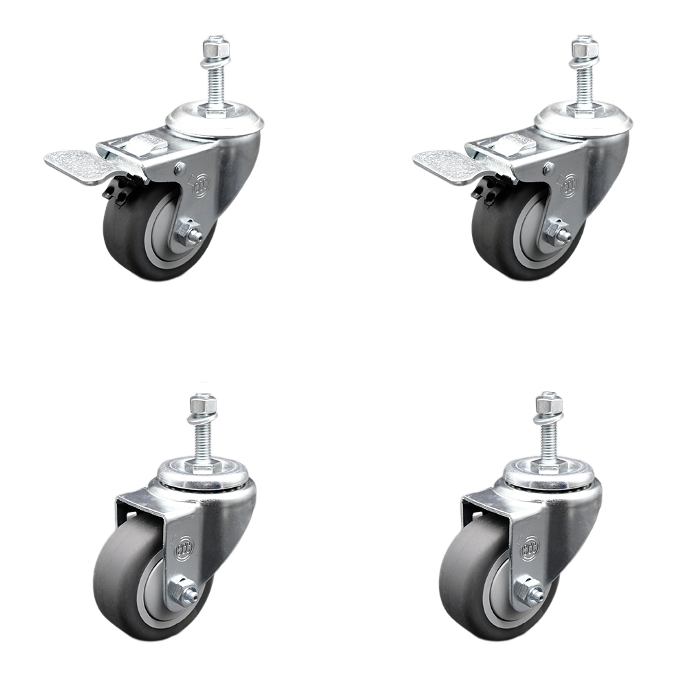 Stainless Steel Thermoplastic Rubber Swivel Threaded Stem Caster Set of 4 - 3" x 1.25" Gray Wheels and 3/8" Stems - Includes 2 with Total Locking Brake - 840 lbs Total Capacity - Service Caster Brand — photo 1