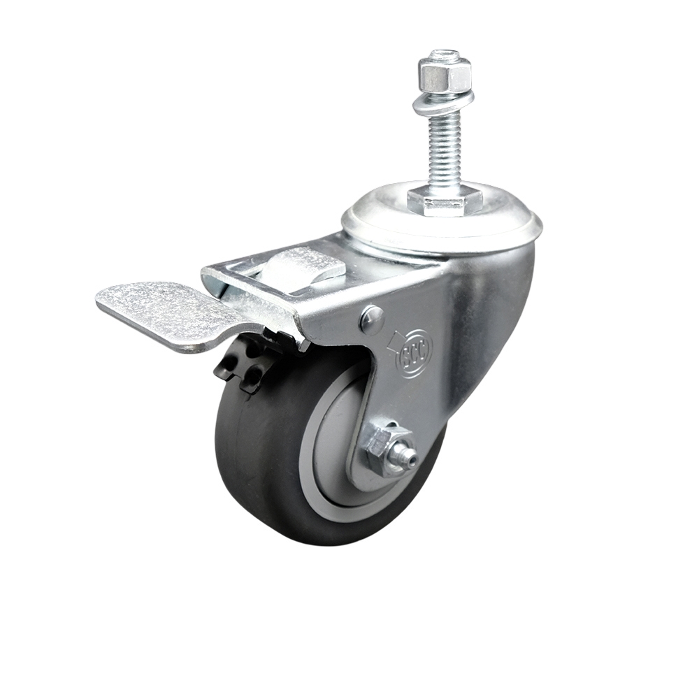 Stainless Steel Thermoplastic Rubber Swivel Threaded Stem Caster - 3" x 1.25" Gray Wheel and 3/8" Stem & Total Locking Brake - 210 lbs Capacity/Caster - Service Caster Brand — photo 1