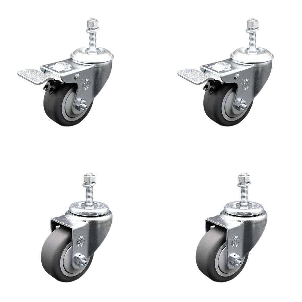 Stainless Steel Thermoplastic Rubber Swivel Threaded Stem Caster Set of 4 - 3" x 1.25" Gray Wheels & 10MM Metric Stems- Includes 2 with Total Locking Brake-840 lbs Total Capacity-Service Caster Brand — photo 1