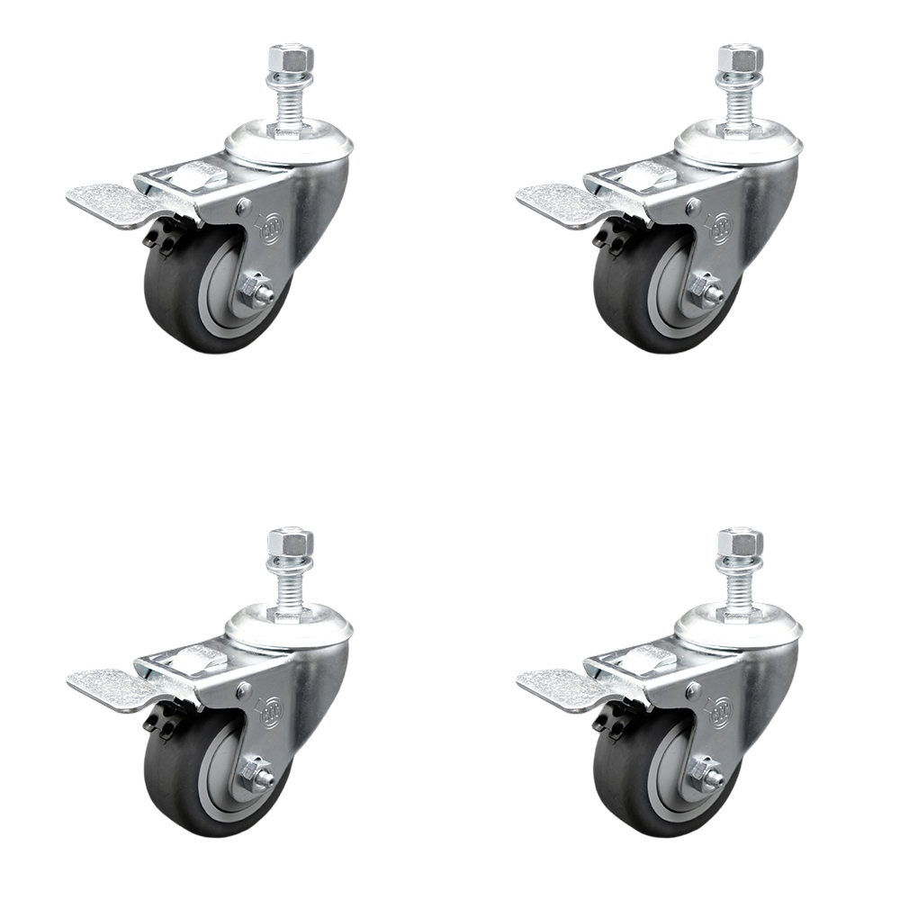 Stainless Steel Thermoplastic Rubber Swivel Threaded Stem Caster Set of 4 w/3" x 1.25" Gray Wheels and 10mm Stems - Includes 4 with Total Lock Brakes - 840 lbs Total Capacity - Service Caster Brand — photo 1