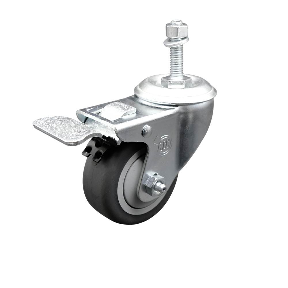 Stainless Steel Thermoplastic Rubber Swivel Threaded Stem Caster - 3" x 1.25" Gray Wheel and 10MM Metric Stem & Total Locking Brake - 210 lbs Capacity/Caster - Service Caster Brand — photo 1