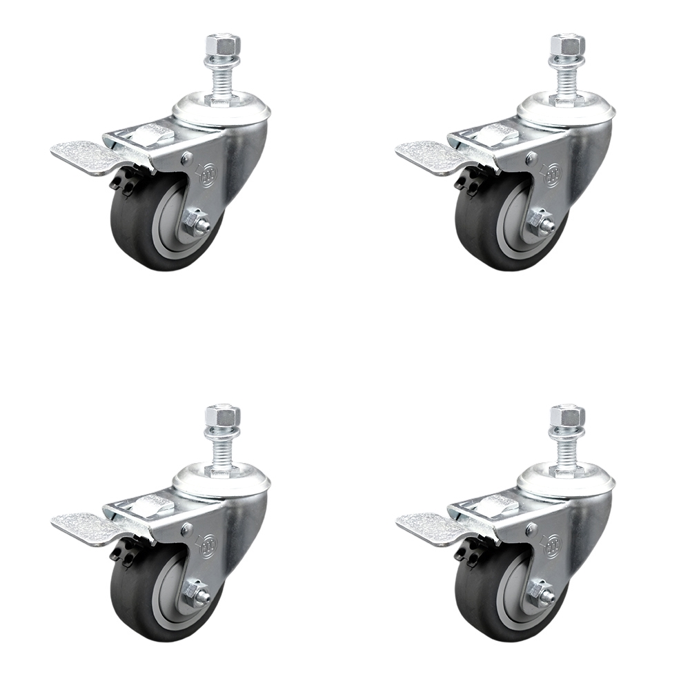 Stainless Steel Thermoplastic Rubber Swivel Threaded Stem Caster Set of 4 w/3" x 1.25" Gray Wheels and 12mm Stems - Includes 4 with Total Lock Brakes - 840 lbs Total Capacity - Service Caster Brand — photo 1