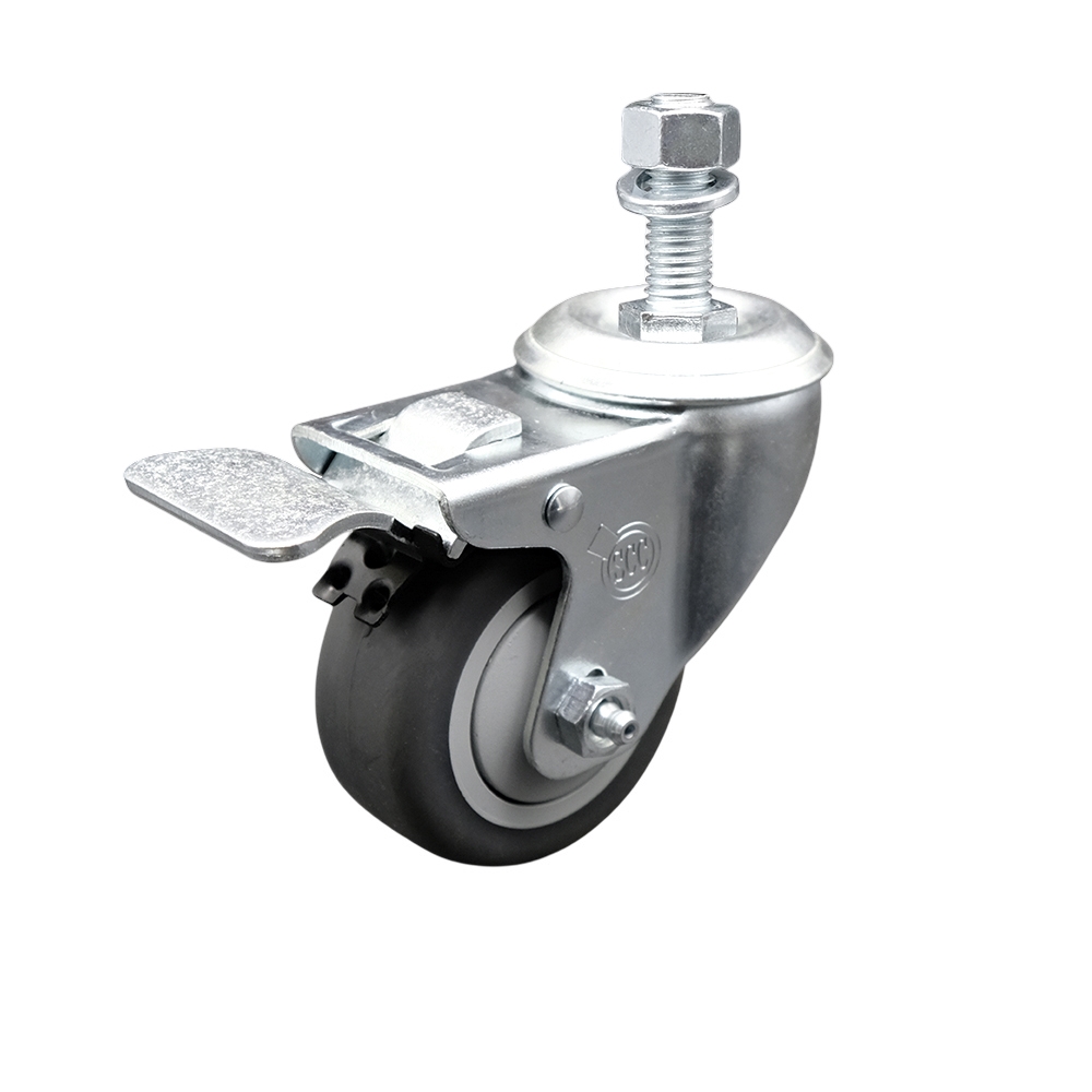 Stainless Steel Thermoplastic Rubber Swivel Threaded Stem Caster - 3" x 1.25" Gray Wheel and 12MM Metric Stem & Total Locking Brake - 210 lbs Capacity/Caster - Service Caster Brand — photo 1