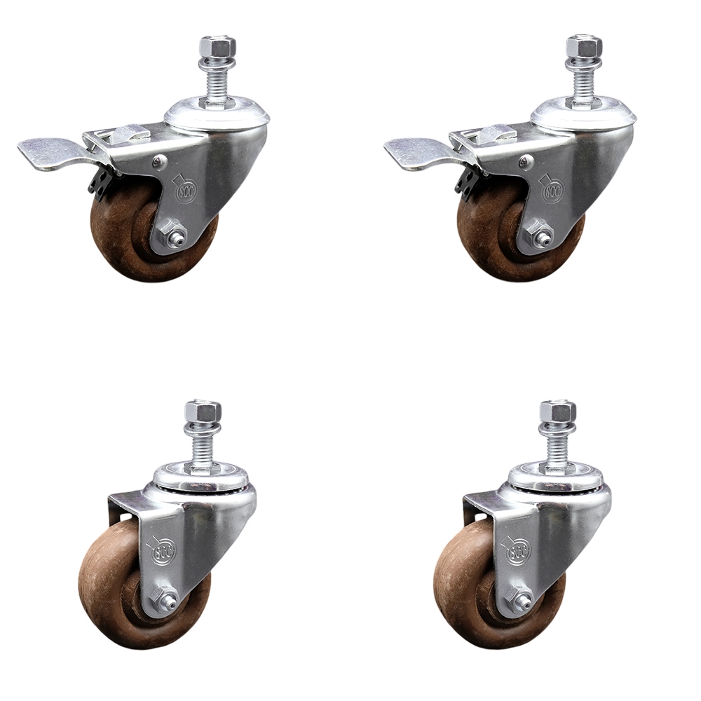 Stainless Steel High Temp Glass Filled Nylon Swivel Threaded Stem Caster Set 4 w/3.5" x 1.25" Brown Wheels & 1/2" Stems-Includes 2 with Total Locking Brake-1400 lbs Total Capacity-Service Caster Brand — photo 1