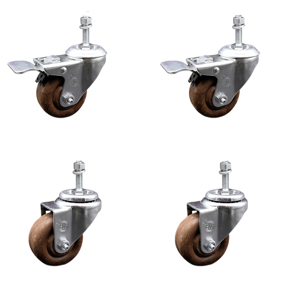 Stainless Steel High Temp Glass Filled Nylon Swivel Threaded Stem Caster Set 4 w/3.5" x 1.25" Brown Wheels & 3/8" Stems-Includes 2 with Total Locking Brake-1400 lbs Total Capacity-Service Caster Brand — photo 1
