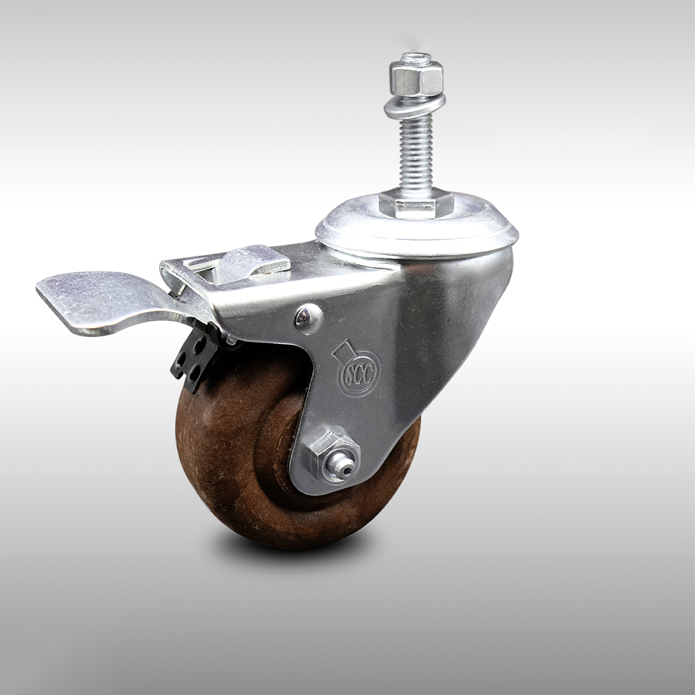 Stainless Steel High Temp Glass Filled Nylon Swivel Threaded Stem Caster w/3.5" x 1.25" Brown Wheel and 3/8" Stem & Total Locking Brake - 350 lbs Capacity/Caster - Service Caster Brand — photo 1