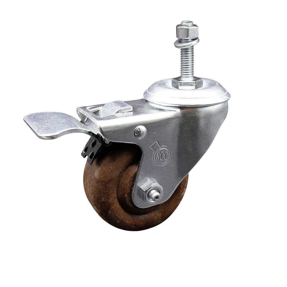Stainless Steel High Temp Glass Filled Nylon Swivel Threaded Stem Caster w/3.5" x 1.25" Brown Wheel and 12MM Metric Stem & Total Locking Brake - 350 lbs Capacity/Caster - Service Caster Brand — photo 1
