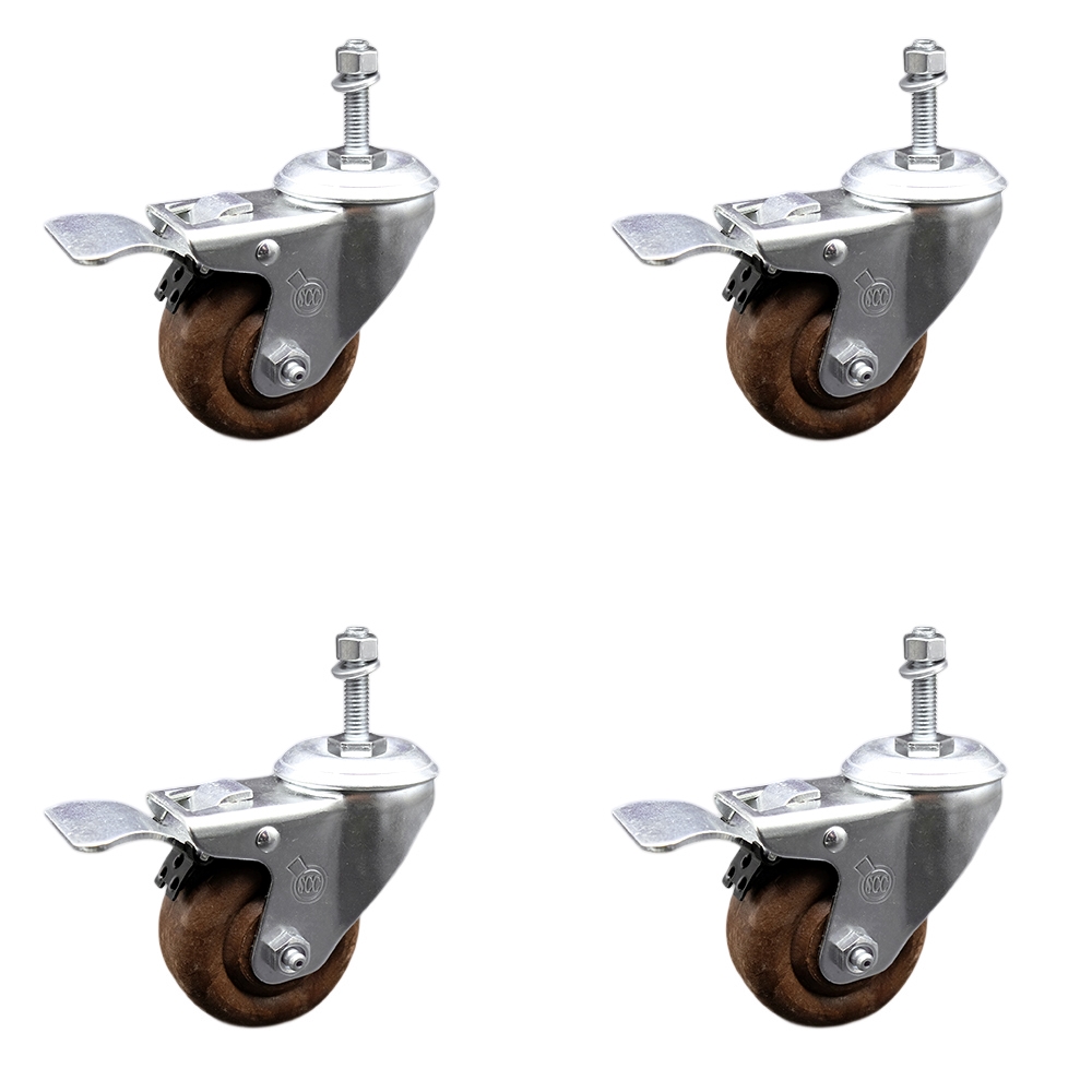 Stainless Steel High Temp Glass Filled Nylon Swivel Threaded Stem Caster Set of 4 w/3.5" x 1.25" Brown Wheels& 10mm Stems-Includes 4 with Total Lock Brakes-1400 lbs Total Capacity-Service Caster Brand — photo 1