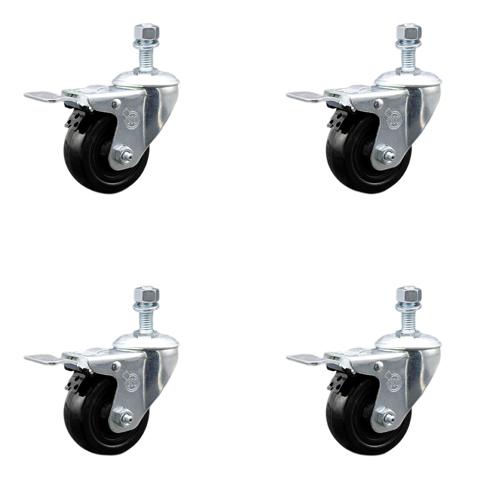 Stainless Steel Hard Rubber Swivel Threaded Stem Caster Set of 4 w/3.5" x 1.25" Black Wheels and 1/2" Stems - Includes 4 with Total Lock Brakes - 1140 lbs Total Capacity - Service Caster Brand — photo 1