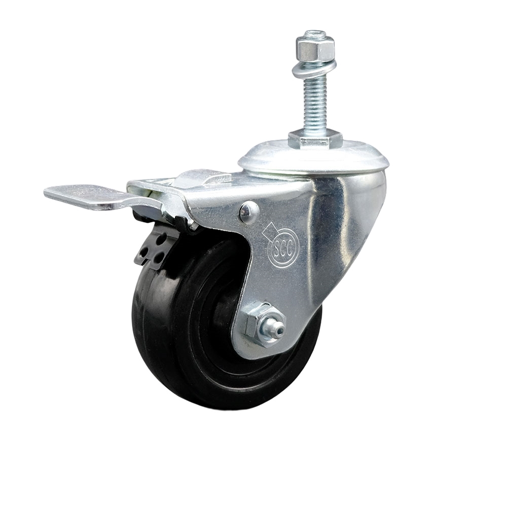 Stainless Steel Hard Rubber Swivel Threaded Stem Caster w/3.5" x 1.25" Black Wheel and 10MM Metric Stem & Total Locking Brake - 285 lbs Capacity/Caster - Service Caster Brand — photo 1