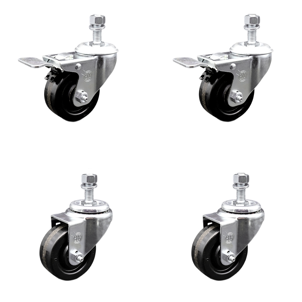 Stainless Steel Phenolic Swivel Threaded Stem Caster Set of 4 w/3.5" x 1.25" Black Wheels and 1/2" Stems - Includes 2 with Total Locking Brake - 1200 lbs Total Capacity - Service Caster Brand — photo 1