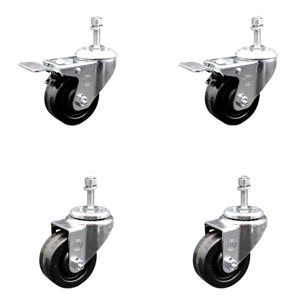 Stainless Steel Phenolic Swivel Threaded Stem Caster Set of 4 w/3.5" x 1.25" Black Wheels and 3/8" Stems - Includes 2 with Total Locking Brake - 1200 lbs Total Capacity - Service Caster Brand — photo 1