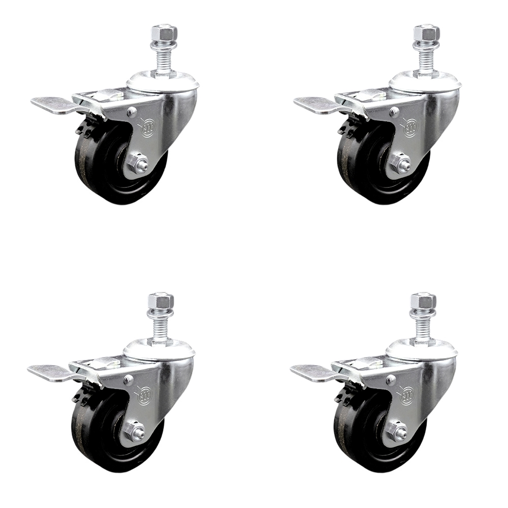Stainless Steel Phenolic Swivel Threaded Stem Caster Set of 4 w/3.5" x 1.25" Black Wheels and 3/8" Stems - Includes 4 with Total Lock Brakes - 1200 lbs Total Capacity - Service Caster Brand — photo 1