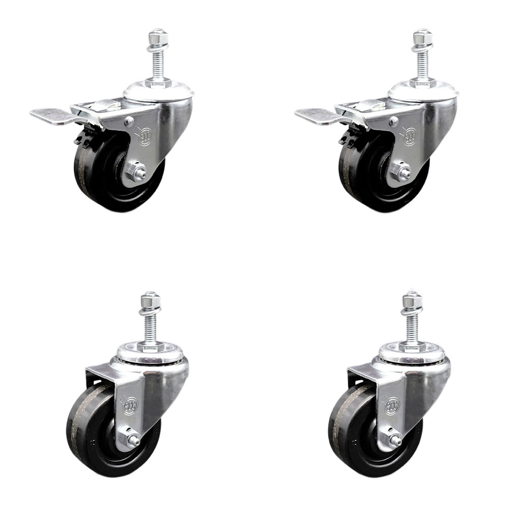 Stainless Steel Phenolic Swivel Threaded Stem Caster Set of 4 w/3.5" x 1.25" Black Wheels and 10MM Metric Stems - Includes 2 with Total Locking Brake - 1200 lbs Total Capacity - Service Caster Brand — photo 1