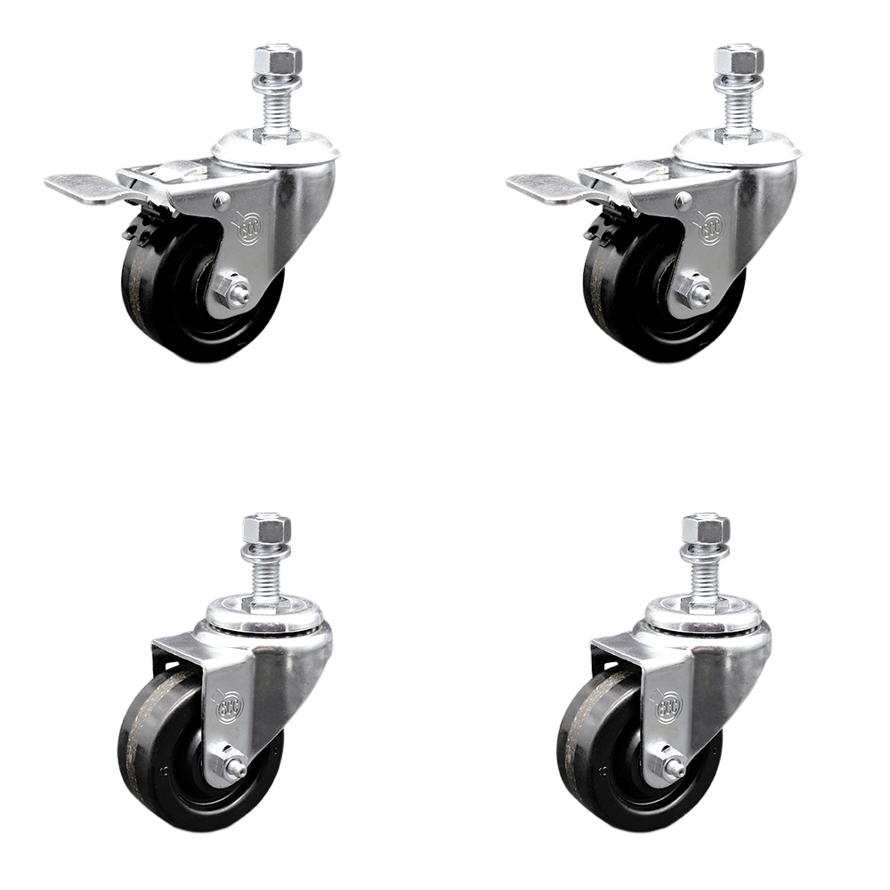 Stainless Steel Phenolic Swivel Threaded Stem Caster Set of 4 w/3.5" x 1.25" Black Wheels and 12MM Metric Stems - Includes 2 with Total Locking Brake - 1200 lbs Total Capacity - Service Caster Brand — photo 1
