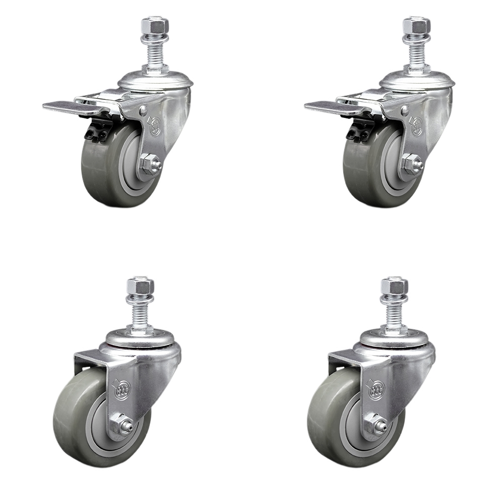 Stainless Steel Polyurethane Swivel Threaded Stem Caster Set of 4 w/3.5" x 1.25" Gray Wheels and 1/2" Stems - Includes 2 with Total Locking Brake - 1200 lbs Total Capacity - Service Caster Brand — photo 1