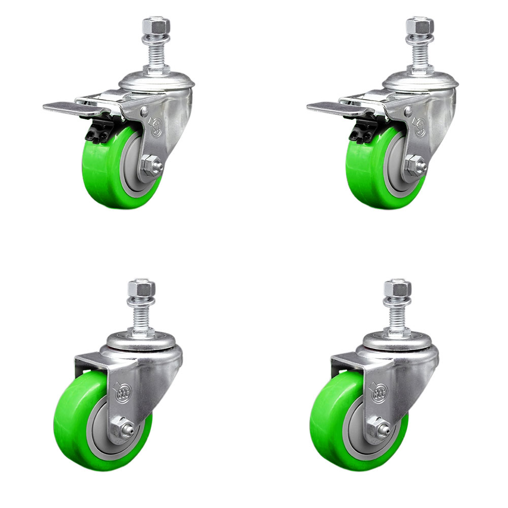 Stainless Steel Polyurethane Swivel Threaded Stem Caster Set of 4 w/3.5" x 1.25" Green Wheels and 1/2" Stems - Includes 2 with Total Locking Brake - 1200 lbs Total Capacity - Service Caster Brand — photo 1