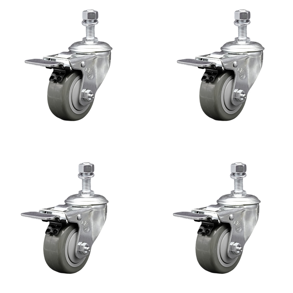 Stainless Steel Polyurethane Swivel Threaded Stem Caster Set of 4 w/3.5" x 1.25" Gray Wheels and 1/2" Stems - Includes 4 with Total Lock Brakes - 1200 lbs Total Capacity - Service Caster Brand — photo 1