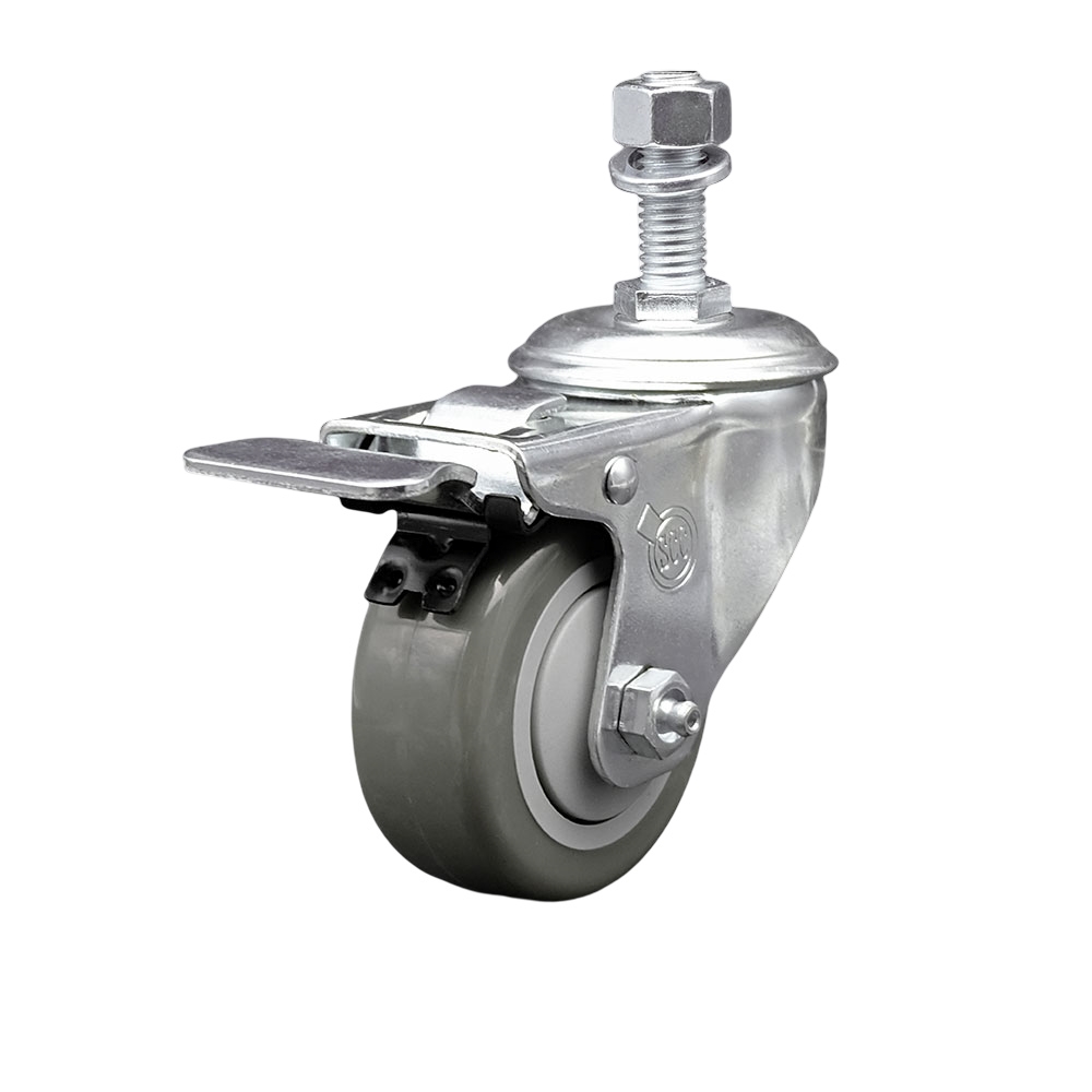 Stainless Steel Polyurethane Swivel Threaded Stem Caster w/3.5" x 1.25"  Gray Wheel and 1/2" Stem & Total Locking Brake - 300 lbs Capacity/Caster - Service Caster Brand — photo 1