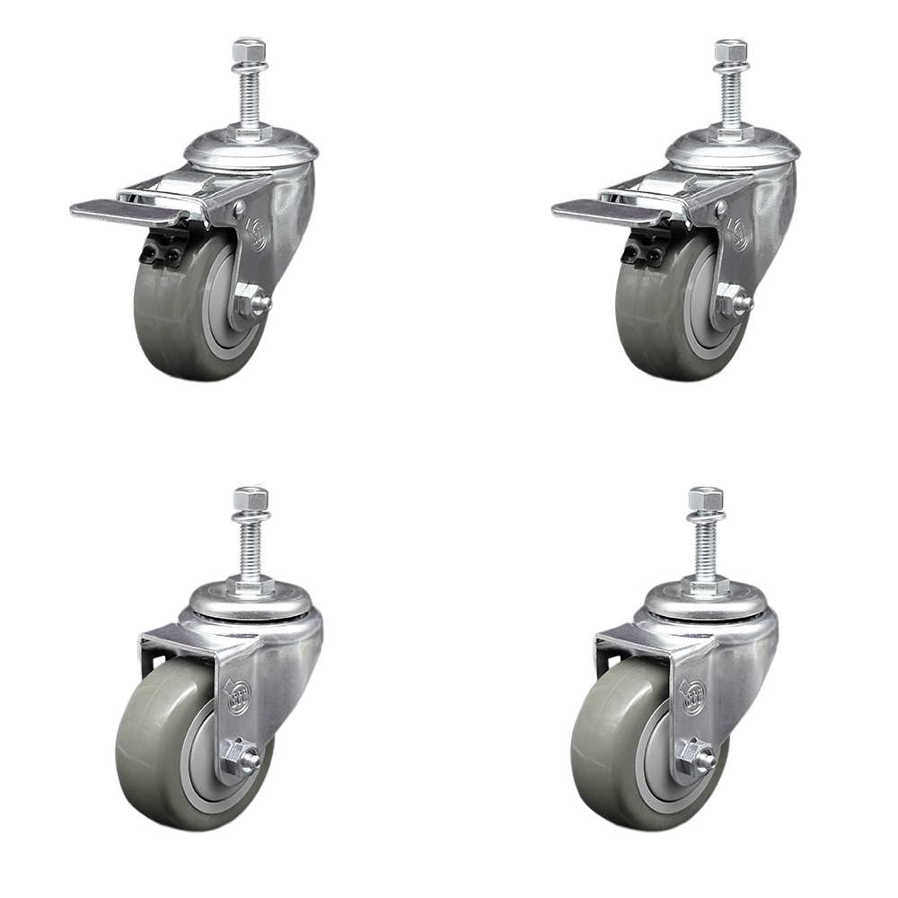 Stainless Steel Polyurethane Swivel Threaded Stem Caster Set of 4 w/3.5" x 1.25" Gray Wheels and 3/8" Stems - Includes 2 with Total Locking Brake - 1200 lbs Total Capacity - Service Caster Brand — photo 1
