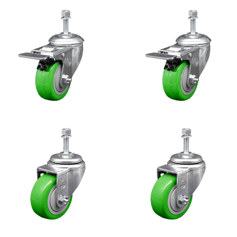 Stainless Steel Polyurethane Swivel Threaded Stem Caster Set of 4 w/3.5" x 1.25" Green Wheels and 3/8" Stems - Includes 2 with Total Locking Brake - 1200 lbs Total Capacity - Service Caster Brand — photo 1