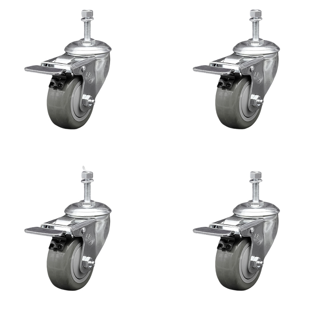 Stainless Steel Polyurethane Swivel Threaded Stem Caster Set of 4 w/3.5" x 1.25" Gray Wheels and 3/8" Stems - Includes 4 with Total Lock Brakes - 1200 lbs Total Capacity - Service Caster Brand — photo 1