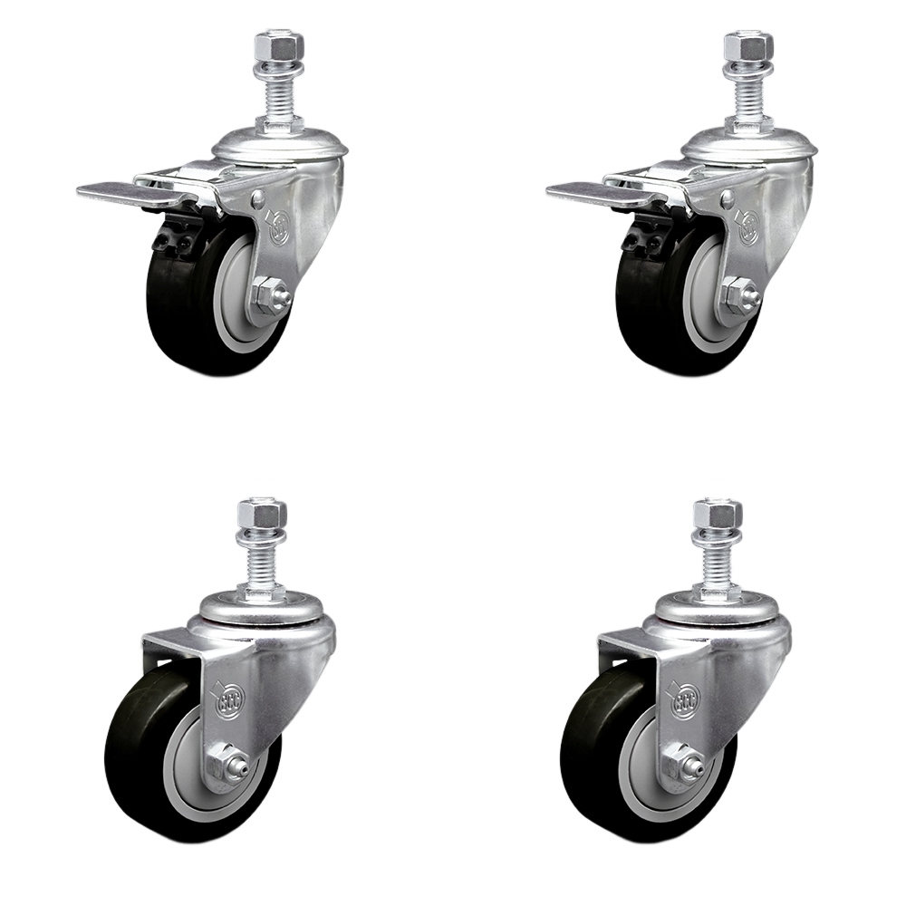 Stainless Steel Polyurethane Swivel Threaded Stem Caster Set of 4 w/3.5" x 1.25" Black Wheels and 1/2" Stems - Includes 2 with Total Locking Brake - 1200 lbs Total Capacity - Service Caster Brand — photo 1