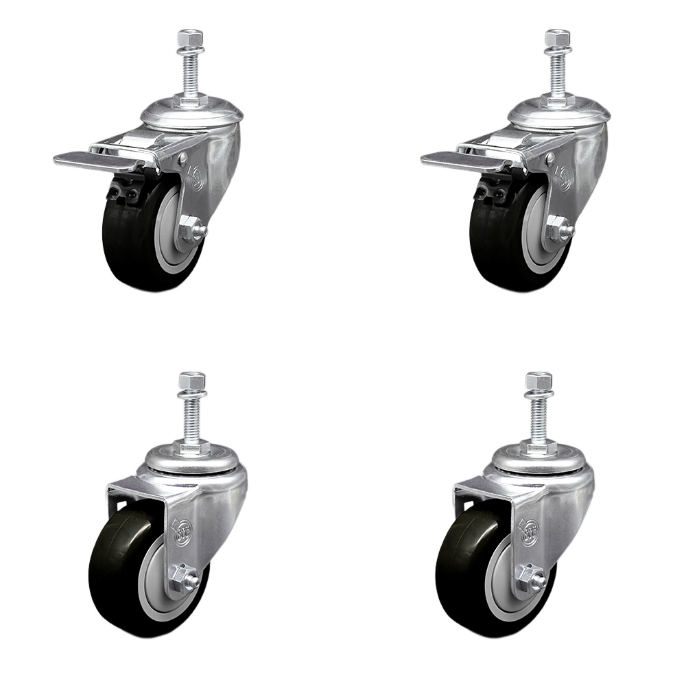 Stainless Steel Polyurethane Swivel Threaded Stem Caster Set of 4 w/3.5" x 1.25" Black Wheels and 3/8" Stems - Includes 2 with Total Locking Brake - 1200 lbs Total Capacity - Service Caster Brand — photo 1