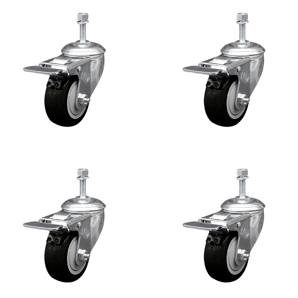 Stainless Steel Polyurethane Swivel Threaded Stem Caster Set of 4 w/3.5" x 1.25" Black Wheels and 3/8" Stems - Includes 4 with Total Lock Brakes - 1200 lbs Total Capacity - Service Caster Brand — photo 1