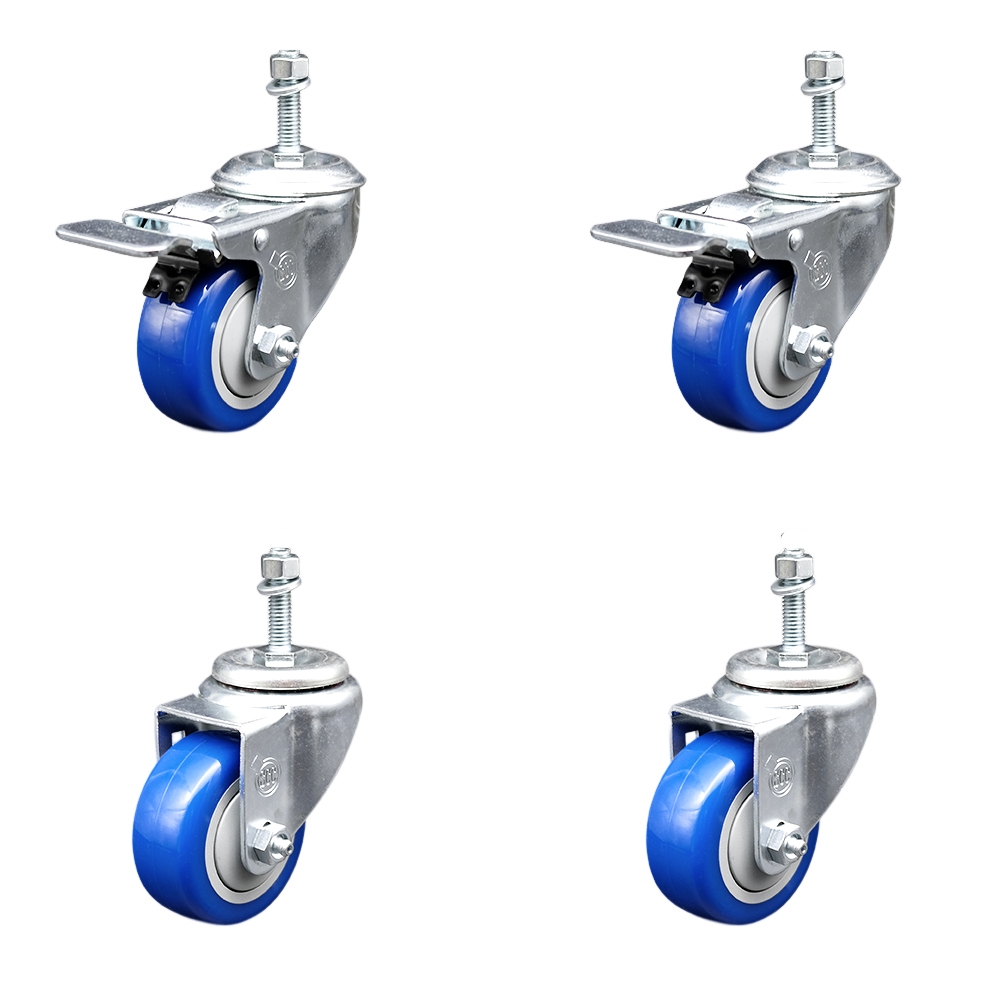 Stainless Steel Polyurethane Swivel Threaded Stem Caster Set of 4 w/3.5" x 1.25" Blue Wheels and 10mm Stems - Includes 2 with Total Locking Brake - 1200 lbs Total Capacity - Service Caster Brand — photo 1
