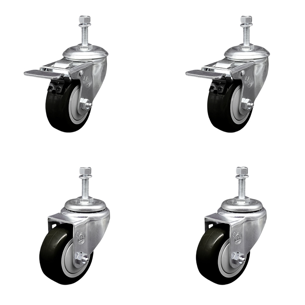 Stainless Steel Polyurethane Swivel Threaded Stem Caster Set of 4 w/3.5" x 1.25" Black Wheels and 10mm Stems - Includes 2 with Total Locking Brake - 1200 lbs Total Capacity - Service Caster Brand — photo 1