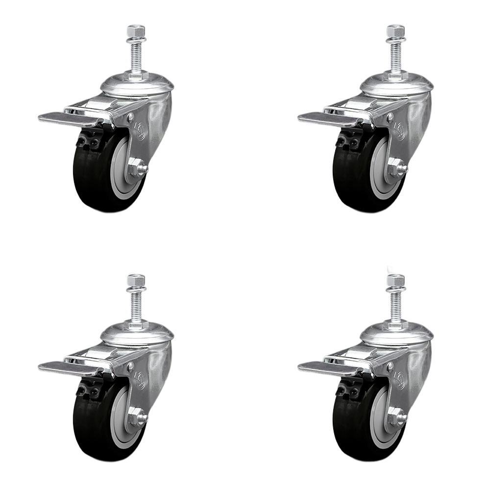 Stainless Steel Polyurethane Swivel Threaded Stem Caster Set of 4 w/3.5" x 1.25" Black Wheels and 10mm Stems - Includes 4 with Total Lock Brakes - 1200 lbs Total Capacity - Service Caster Brand — photo 1