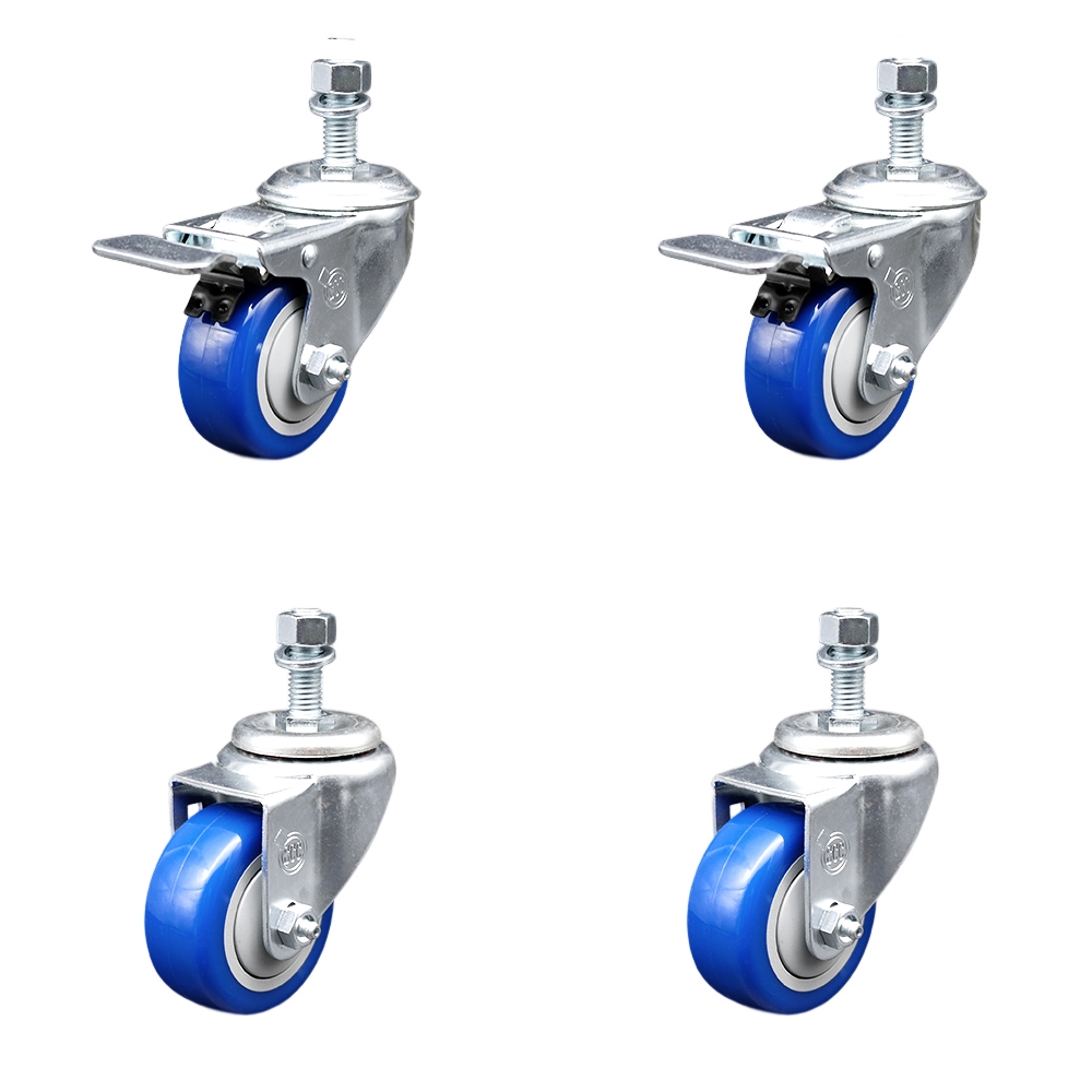 Stainless Steel Polyurethane Swivel Threaded Stem Caster Set of 4 w/3.5" x 1.25" Blue Wheels and 12mm Stems - Includes 2 with Total Locking Brake - 1200 lbs Total Capacity - Service Caster Brand — photo 1