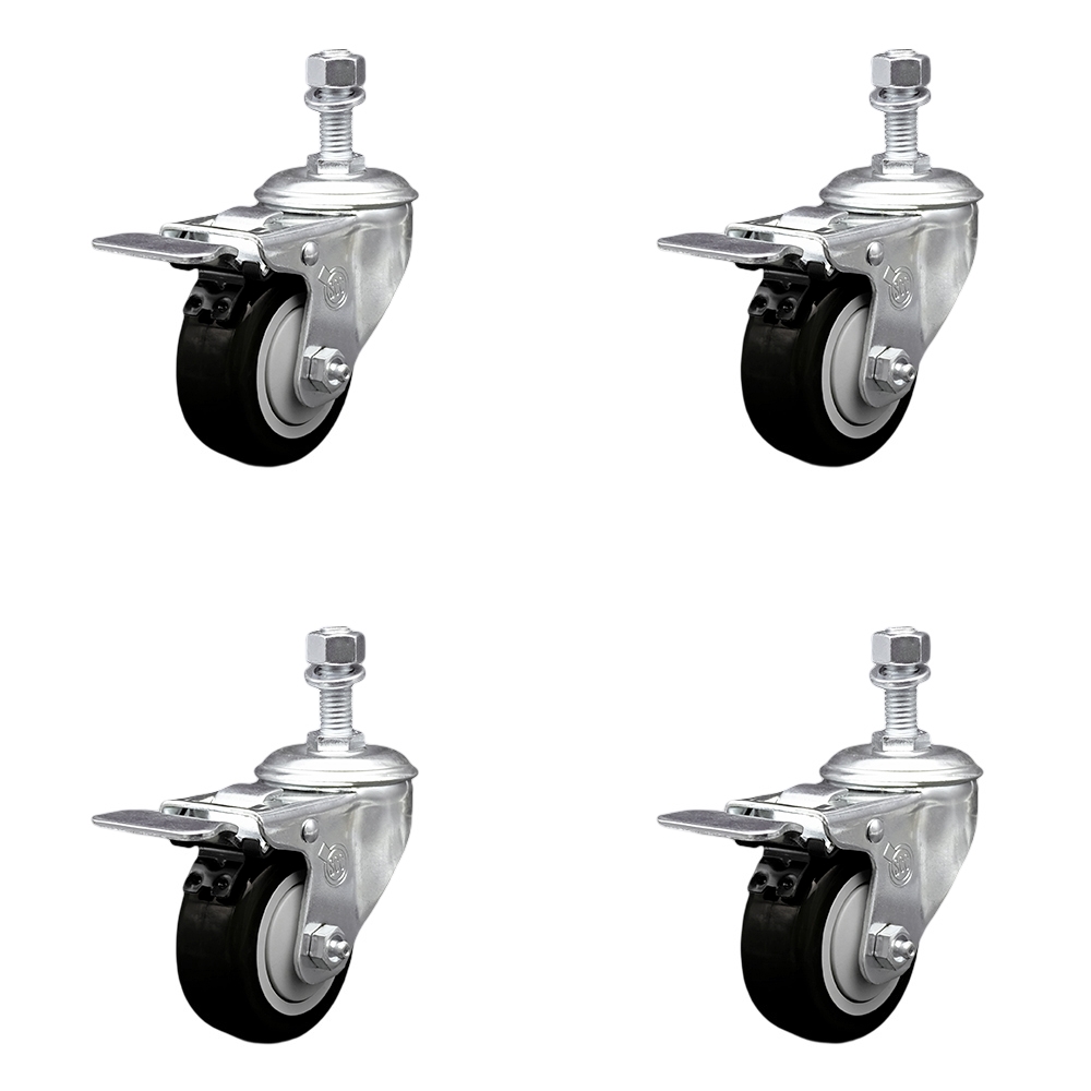 Stainless Steel Polyurethane Swivel Threaded Stem Caster Set of 4 w/3.5" x 1.25" Black Wheels and 12mm Stems - Includes 4 with Total Lock Brakes - 1200 lbs Total Capacity - Service Caster Brand — photo 1