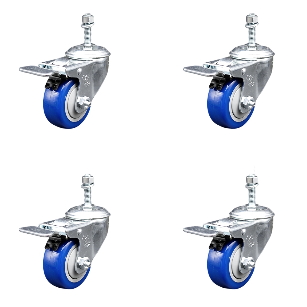 Stainless Steel Polyurethane Swivel Threaded Stem Caster Set of 4 w/3.5" x 1.25" Blue Wheels and 3/8" Stems - Includes 4 with Total Lock Brakes - 1200 lbs Total Capacity - Service Caster Brand — photo 1