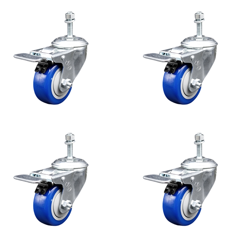 Stainless Steel Polyurethane Swivel Threaded Stem Caster Set of 4 w/3.5" x 1.25" Blue Wheels and 10mm Stems - Includes 4 with Total Lock Brakes - 1200 lbs Total Capacity - Service Caster Brand — photo 1