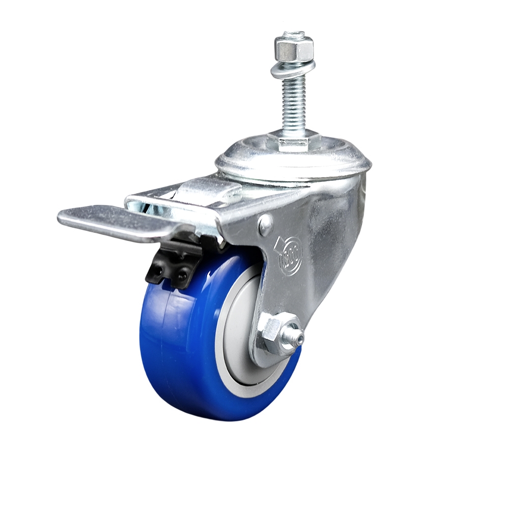 Stainless Steel Polyurethane Swivel Threaded Stem Caster w/3.5" x 1.25"  Blue Wheel and 10mm Stem & Total Locking Brake - 300 lbs Capacity/Caster - Service Caster Brand — photo 1
