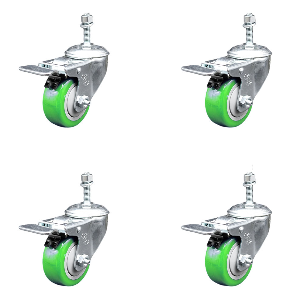 Stainless Steel Polyurethane Swivel Threaded Stem Caster Set of 4 w/3.5" x 1.25" Green Wheels and 3/8" Stems - Includes 4 with Total Lock Brakes - 1200 lbs Total Capacity - Service Caster Brand — photo 1