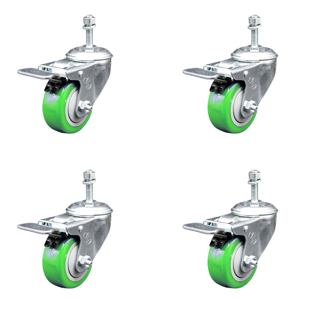 Stainless Steel Polyurethane Swivel Threaded Stem Caster Set of 4 w/3.5" x 1.25" Green Wheels and 10mm Stems - Includes 4 with Total Lock Brakes - 1200 lbs Total Capacity - Service Caster Brand — photo 1