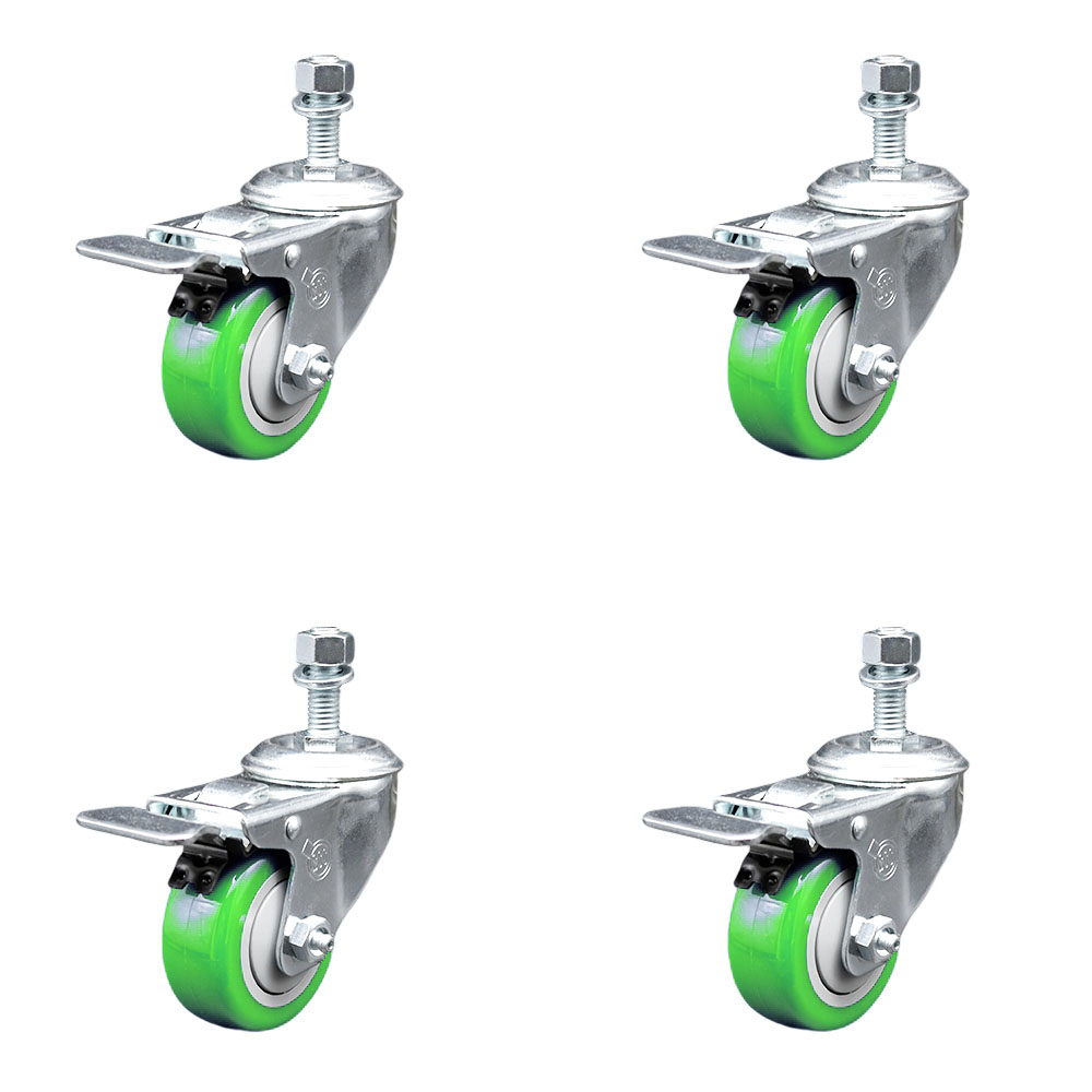 Stainless Steel Polyurethane Swivel Threaded Stem Caster Set of 4 w/3.5" x 1.25" Green Wheels and 12mm Stems - Includes 4 with Total Lock Brakes - 1200 lbs Total Capacity - Service Caster Brand — photo 1