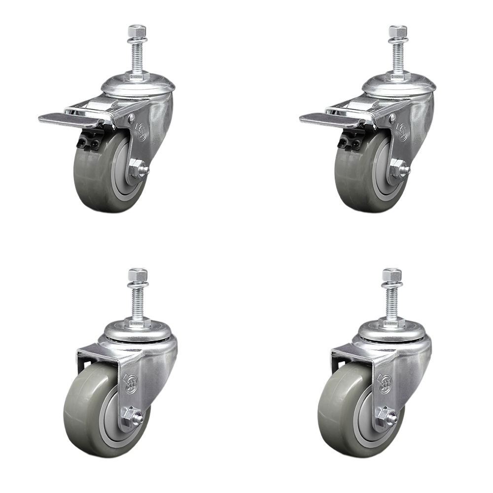 Stainless Steel Polyurethane Swivel Threaded Stem Caster Set of 4 w/3.5" x 1.25" Gray Wheels and 10mm Stems - Includes 2 with Total Locking Brake - 1200 lbs Total Capacity - Service Caster Brand — photo 1