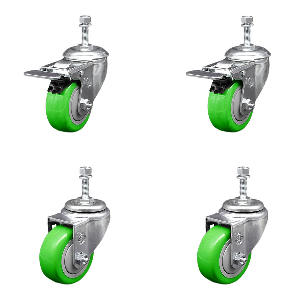 Stainless Steel Polyurethane Swivel Threaded Stem Caster Set of 4 w/3.5" x 1.25" Green Wheels and 10mm Stems - Includes 2 with Total Locking Brake - 1200 lbs Total Capacity - Service Caster Brand — photo 1