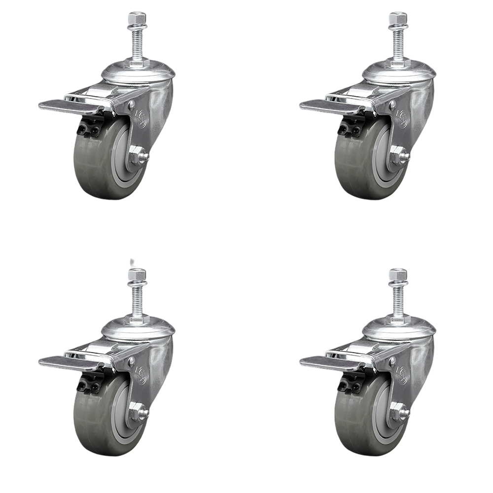 Stainless Steel Polyurethane Swivel Threaded Stem Caster Set of 4 w/3.5" x 1.25" Gray Wheels and 10mm Stems - Includes 4 with Total Lock Brakes - 1200 lbs Total Capacity - Service Caster Brand — photo 1