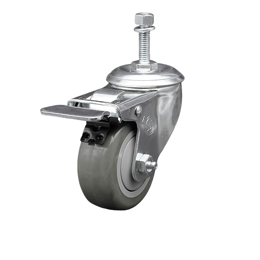 Stainless Steel Polyurethane Swivel Threaded Stem Caster w/3.5" x 1.25"  Gray Wheel and 10mm Stem & Total Locking Brake - 300 lbs Capacity/Caster - Service Caster Brand — photo 1