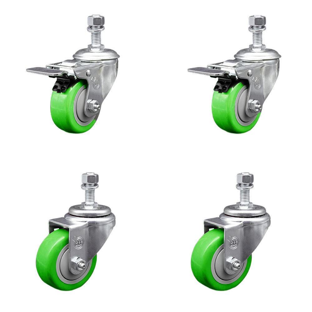 Stainless Steel Polyurethane Swivel Threaded Stem Caster Set of 4 w/3.5" x 1.25" Green Wheels and 12mm Stems - Includes 2 with Total Locking Brake - 1200 lbs Total Capacity - Service Caster Brand — photo 1