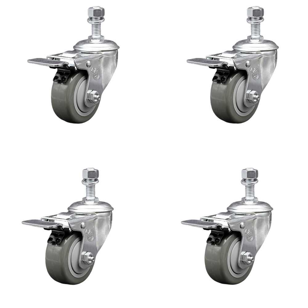 Stainless Steel Polyurethane Swivel Threaded Stem Caster Set of 4 w/3.5" x 1.25" Gray Wheels and 12mm Stems - Includes 4 with Total Lock Brakes - 1200 lbs Total Capacity - Service Caster Brand — photo 1