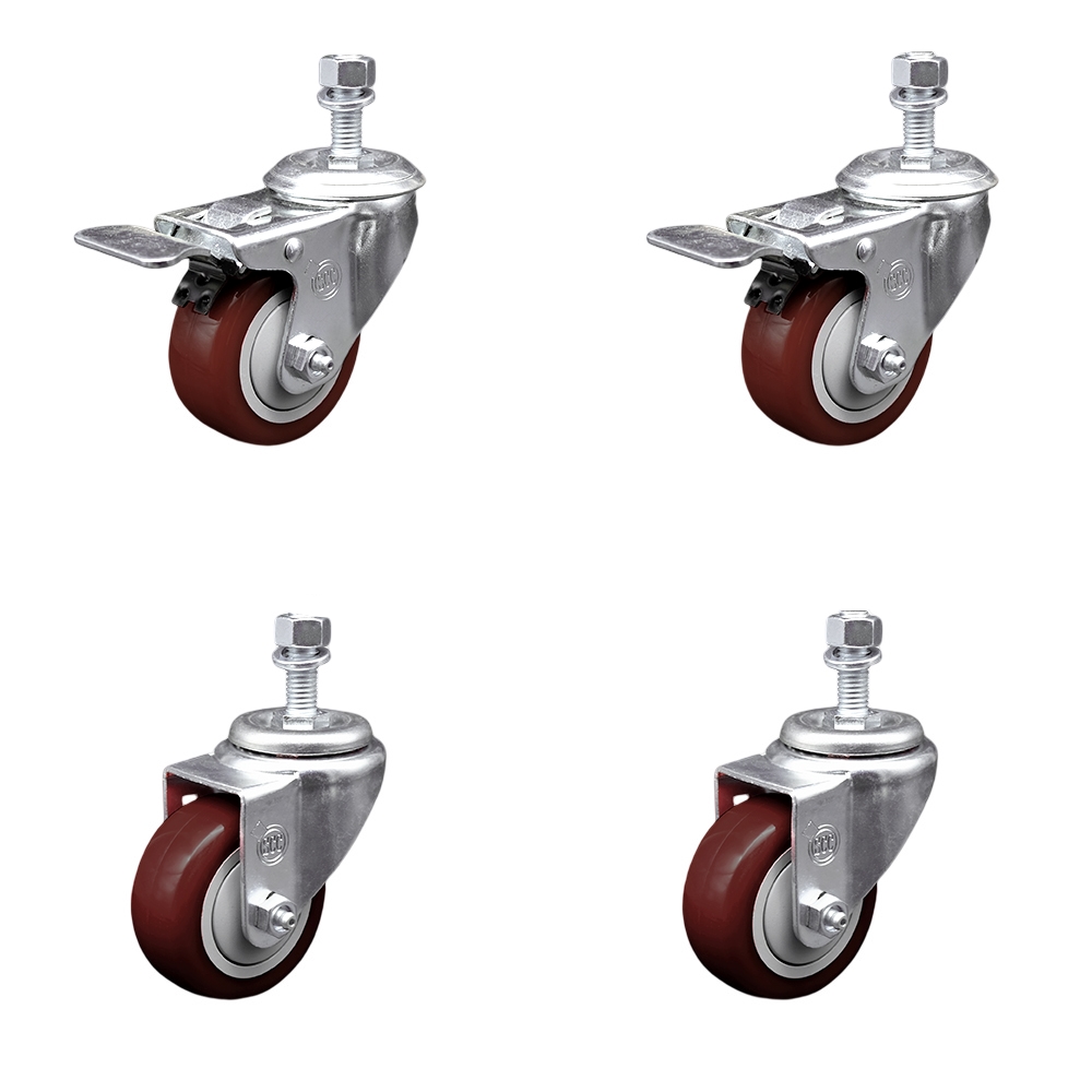 Stainless Steel Polyurethane Swivel Threaded Stem Caster Set of 4 w/3.5" x 1.25" Maroon Wheels and 1/2" Stems - Includes 2 with Total Locking Brake - 1200 lbs Total Capacity - Service Caster Brand — photo 1