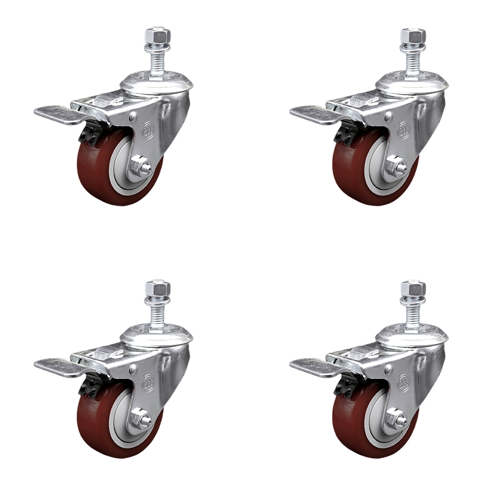 Stainless Steel Polyurethane Swivel Threaded Stem Caster Set of 4 w/3.5" x 1.25" Maroon Wheels and 1/2" Stems - Includes 4 with Total Lock Brakes - 1200 lbs Total Capacity - Service Caster Brand — photo 1